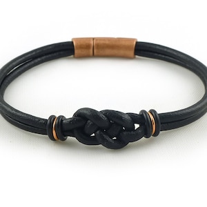 Black Leather Men's Double Love Knot Bracelet With Copper Clasp ...