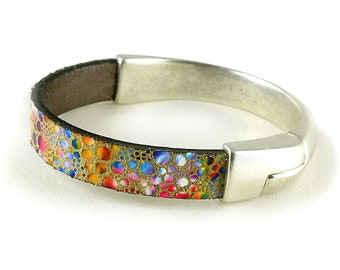 Printed Leather Cuff Bracelet for Women, Multi Color Leather and Silver Bracelet with Magnetic Clasp, Mother's Day Jewelry Gift for Her,