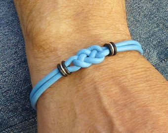 Light Blue Leather Mens Bracelet, Meaningful Jewelry Celtic Knot Bracelet, Double Love Knot Friendship Bracelet with Silver Magnetic Clasp