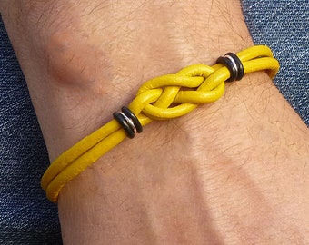 Sarcoma Bone Cancer Double Love Knot Yellow Bracelet, Magnetic Clasp Infinity Leather Bracelet, Solidarity Jewelry Gift for Him or for Her
