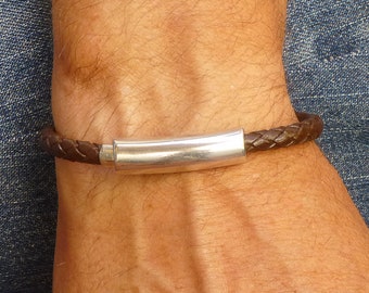 Mens Braided Leather Bracelet, Brown and Silver Magnetic Clasp Bracelet for Him, Cool Tube Bead Bracelet Stocking Stuffer Male Gift