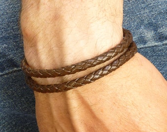 Mens Braided Leather Bracelet, Brown Wrap Bracelet, Cool Mens Gift, Boho Leather Wrap Bracelet, Magnetic Clasp Braided Bracelet for Him