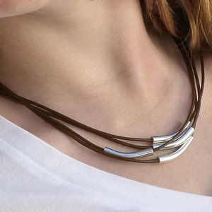 Brown Leather Necklace for Her, Silver Tube Bead Multi Strand Necklace, Women's Magnetic Clasp Necklace with Curved Tube Beads