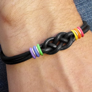 Pulsera de orgullo arcoíris para hombre, pulsera de cuero negro con nudo de amor doble significativo para parejas LGBTQ, pulsera de amistad, regalo solidario