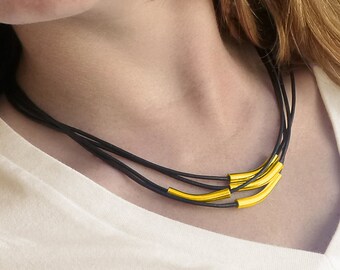 Black and Gold Tube Beads Multi Strand Necklace, Black Leather Necklace for Women, Curved Bar Necklace, Gold and Leather Cord Necklace