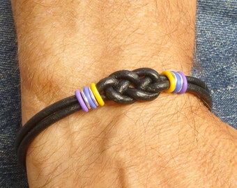 Bladder Cancer Survivor Double Love Knot Bracelet, Awareness Bracelet, Yellow, Blue, Purple, and Black Leather Bracelet for Him or for Her