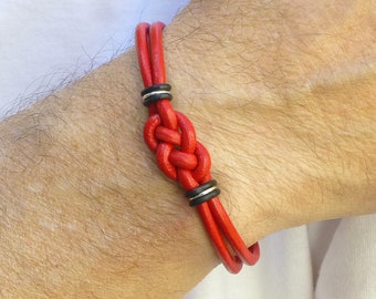 Double Celtic Love Knot Bracelet, Mens Red Leather Bracelet, Meaningful Jewelry for Him or for Her, Eternal Friendship Bracelet