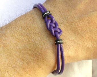 Pancreatic Cancer Double Love Knot Survivor Bracelet, Awareness Bracelet, Purple Leather Bracelet for Him or Her, Meaningful Cancer Jewelry
