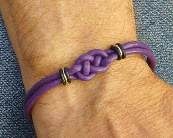 Pancreatic Cancer Double Love Knot Hope Bracelet, Awareness Bracelet, Purple Leather Bracelet for Him or for Her, Celtic Knot Jewelry