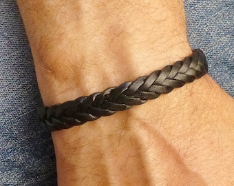 Black Braided Leather Bracelet, Cool Mens Bracelet with Silver Magnetic Clasp, Gender Neutral Gift for Boyfriend, Simple Bracelet for Him