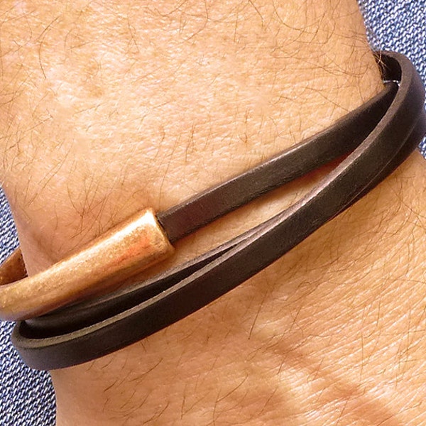 Mens Leather Wrap Bracelet, Mens Copper Bracelet, Mens Brown Leather Bracelet, Leather Jewelry, Triple Wrap Bracelet, Copper Cuff Bracelet