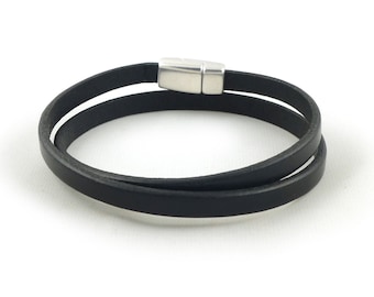 Black Leather Double Wrap Bracelet: Unisex Magnetic Clasp Band