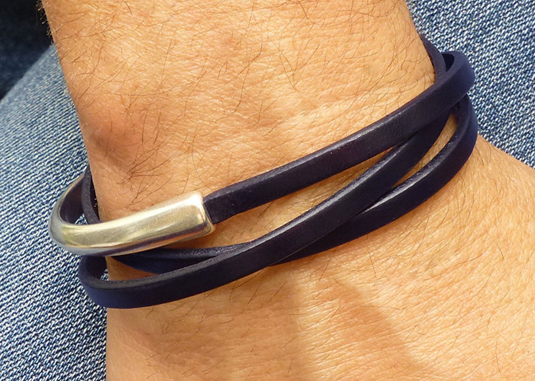 Navy Blue Leather Wrap Bracelet, Blue Bracelet for Men, Mens Leather