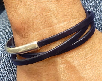 Navy Blue Leather Wrap Bracelet, Blue Bracelet for Men, Mens Leather Bracelet, Leather and Silver Bracelet, Leather Jewelry Fashion Bracelet