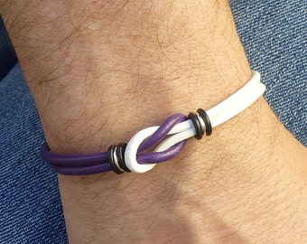 Purple and White Friendship Bracelet, Infinity Knot Leather Bracelet, Sports Fan Gear, Team Color Bracelet, Cool Love Knot Jewelry