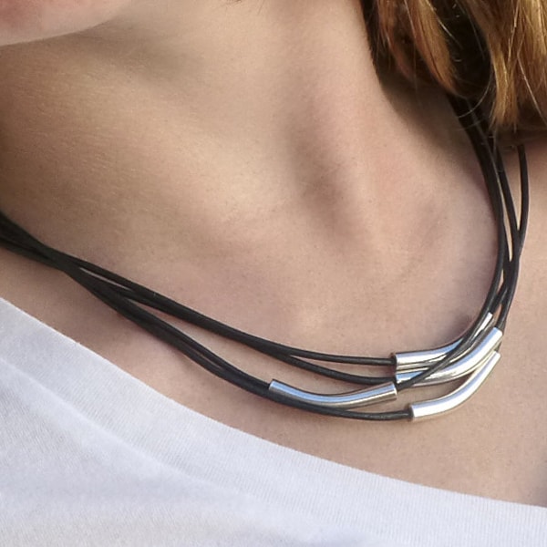 Multi Strand Necklace, Black Leather Silver Tube Necklace, Magnetic Clasp Necklace, Silver and Leather Modern Jewelry Gift for Her