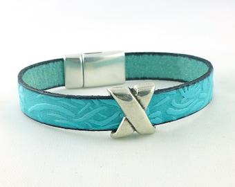 Womens Ovarian Cancer Bracelet, Teal Ribbon Bracelet, Ovarian Cancer Awareness, Ovary Cancer Survivor Bracelet, Her Teal Leather Bracelet