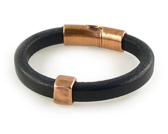 Black Leather Cuff Bracelet, Mens Copper Bracelet, Black Leather Bracelet, Leather Jewelry, Magnetic Clasp Bracelet, Copper Bracelet For Men