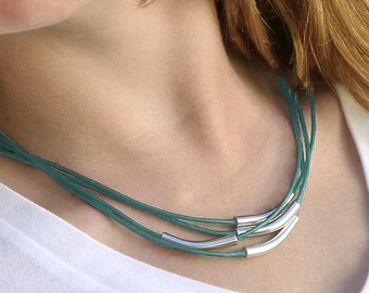 Curved Bar Necklace, Metallic Leather Silver Tube Beads Necklace, Multi Strand Turquoise Necklace, Sea Foam Green  Leather Necklace for Her