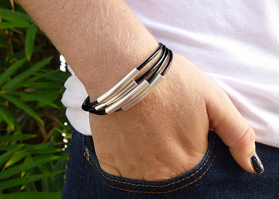 Silver Tube Bead Multi Strand Bracelet, Black Leather Bracelet for Women,  Leather and Silver Bracelet, Leather Jewelry Cuff Bracelet - Etsy