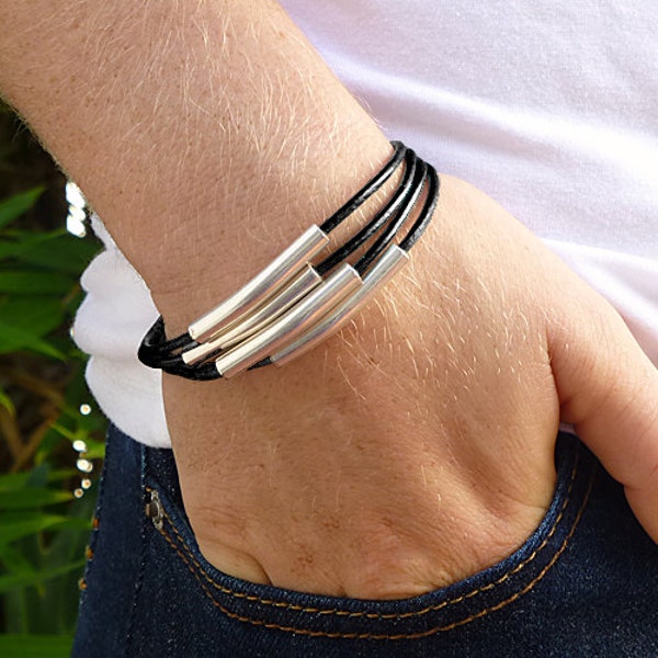 Silver Tube Bead Multi Strand Bracelet, Black Leather Bracelet for Women, Leather and Silver Bracelet, Leather Jewelry Cuff Bracelet