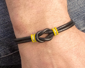 Mens Bone Cancer Bracelet, Yellow and Black Leather Bracelet, Sarcoma Awareness Bracelet, Infinity Bracelet, His Black and Yellow Jewelry