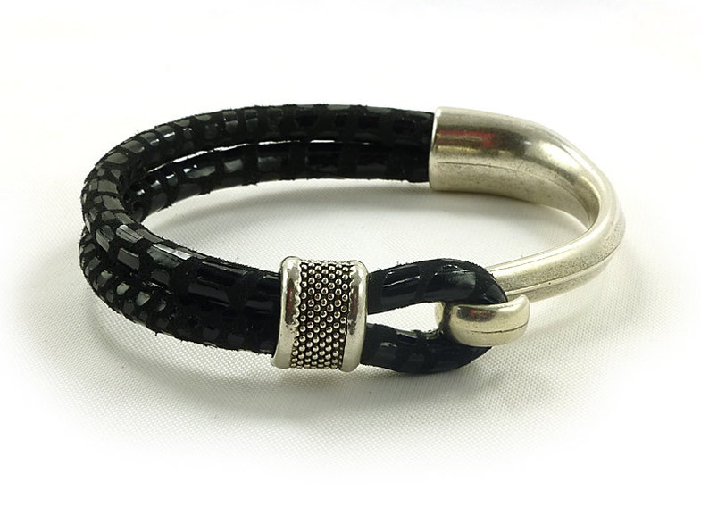 Mens Textured Black Leather Cuff Bracelet Soft Silver - Designer Leather Cuff Bracelet Mens Mens Textured Black Leather Cuff Bracelet Soft Silver - Designer Leather Cuff Bracelet Mens