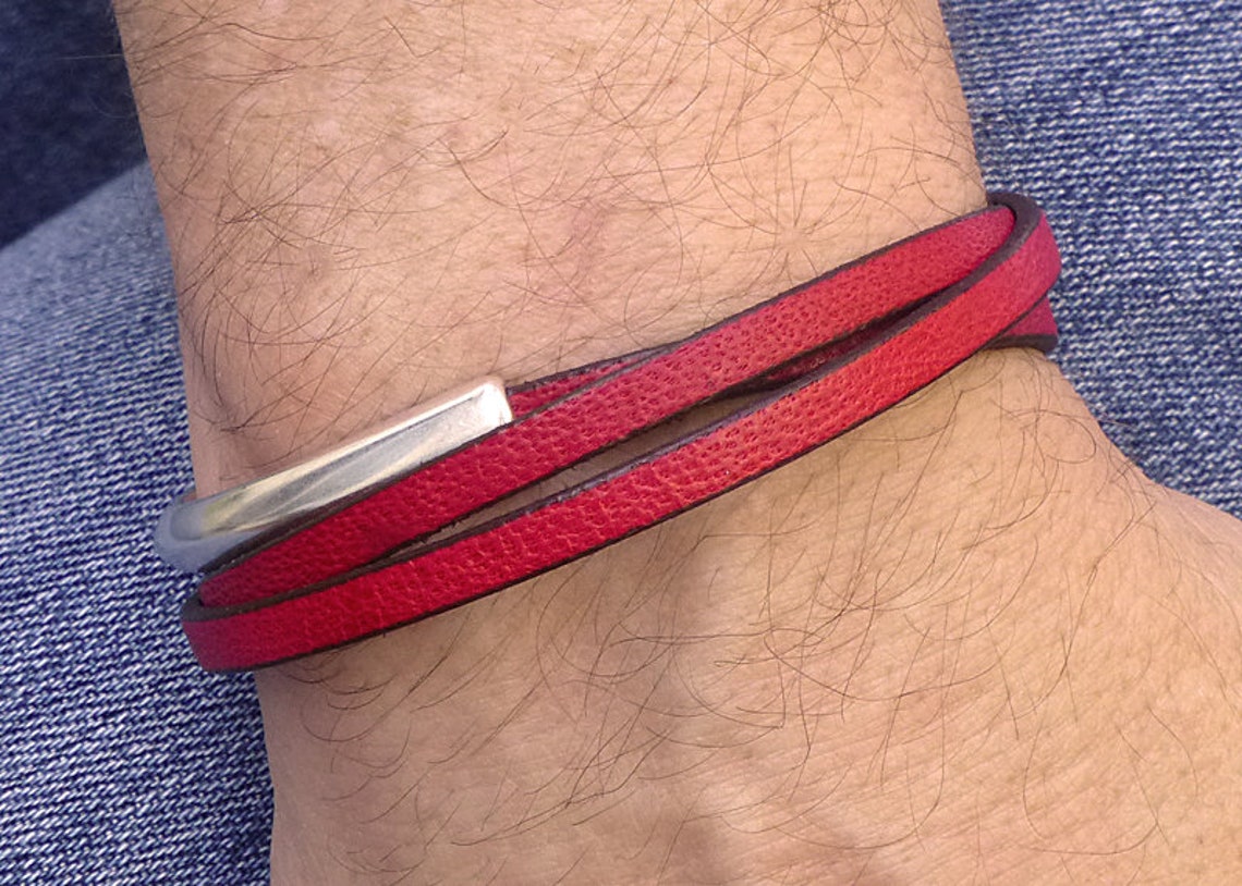 Mens Leather Wrap Bracelet Red Leather Bracelet Mens Red Etsy