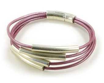 Metallic Pink Multi Strand Leather Bracelet with Silver Tube Beads, Feminine Magnetic Clasp Curved Bar Bracelet