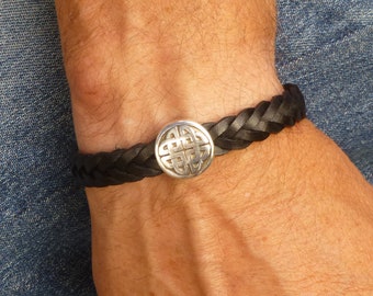 Celtic Black Braided Leather Bracelet, Cool Mens Bracelet with Silver Magnetic Clasp, Gender Neutral Bracelet, Gift for Him