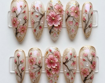 Cherry Blossom Press On Nails Handmade Custom Fake Nails 3D Sakura Floral Gold Outline Dewdrop Lace Shimmer Pink White Japanese Multi
