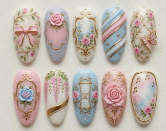 Summer Press On Nails Rococo Vintage Rose Floral Cute 3D Handmade Nails Gold Luxury Bow Custom Fake Glue On Nails Coquette Pastel Butterfly