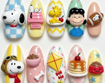 Kawaii Snoopy Press On Nails Cute 3D Lucy Van Pelt Fake Nails Pastel Peanuts Press Ons Kawaii Woodstock Flying Ace Pancake Kite Summer Nails