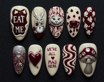Alice In Wonderland Nails Press On Nails Cute 3D Gothic Nails Kawaii Burgundy Fake Nails Summer Silver Chrome Press On Cheshire Cat Mushroom