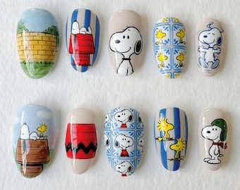 Kawaii 3D Snoopy Press On Nails Cute Neutral Fake Nails Woodstock Press Ons Aviator Pilot Red Doghouse Brick Wall Charlie Brown Zigzag Nails