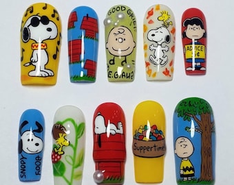 Kawaii Snoopy Press On Nails Cute Charlie Brown Fake Nails Peanuts Press Ons Joe Cool Red Dog House Lucy Psychiatric Booth Suppertime Nails
