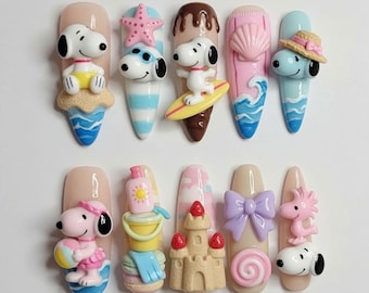 Kawaii Snoopy Press On Nails Cute 3D Beach Fake Nails Summer Peanuts Press Ons Kawaii Surfing Snoopy Sandcastle Woodstock Summer Gift Nails
