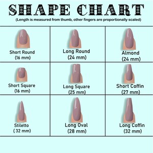 May include: A nail shape chart featuring nine distinct styles with mauve-colored nails. The chart displays Short Round (16 mm), Long Round (24 mm), Almond (24 mm), Short Square (16 mm), Long Square (25 mm), Short Coffin (27 mm), Stiletto (32 mm), Long Oval (28 mm), and Long Coffin (32 mm).