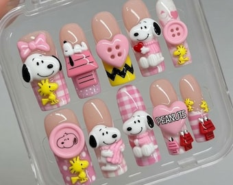 Kawaii 3D Snoopy Press On Nails Cute Pink Fake Nails Woodstock Press Ons Charlie Brown Zigzag Pink Button Heart Peanuts Plaid Gift Nails