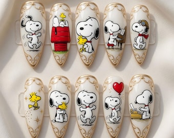 Kawaii Snoopy Press On Nails Cute Peanuts Character Fake Nails Luxury Gold Frame Press On Kawaii Woodstock Flying Ace Piano Typewriter Nails