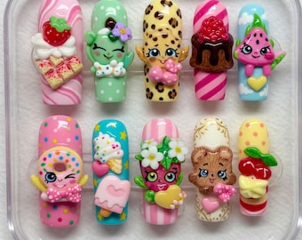Cute Shopkins Press On Nails Kawaii 3D Handmade Nails Custom Fake Glue On Nails Donut Strawberry Leopard Cactus Dessert Pink Colorful