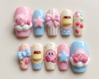 Summer Press On Nails Kirby Cute 3D Handmade Nails Custom Fake Glue On Nails Kawaii Gamer Pudding Caramel Custard Star Bow Cherry Strawberry