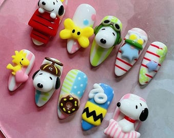 Snoopy Nails Press On Nails Cute 3D Character Fake Nails Pilot Snoopy Woodstock Press Ons Kawaii American Cartoon Donut Summer Gift Nails