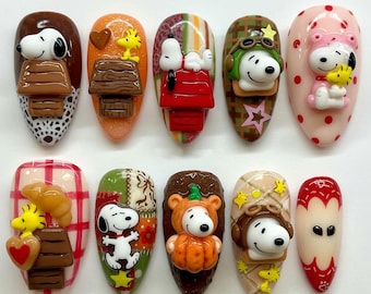 Kawaii 3D Snoopy Press On Nails Cute Pumpkin Fake Nails Woodstock Press Ons Aviator Pilot Teddy Bear Costume Red Doghouse Croissant Nails