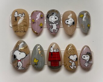 Kawaii Snoopy Press On Nails Cute Woodstock Fake Nails Peanuts Press Ons Red Dog House Gold Foil Marble Grey Pink Flying Ace Pilot Nails
