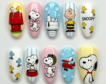 Kawaii 3D Snoopy Press On Nails Cute Charlie Brown Fake Nails Woodstock Press Ons Aviator Pilot Red Airplane Doghouse Water Drops Gift Nails