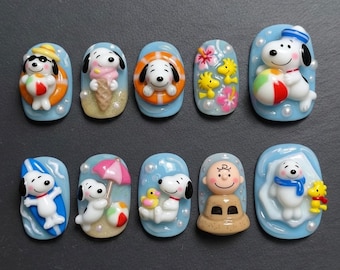 Snoopy Nails Press On Nails Cute 3D Character Fake Nail Beach Vacation Press Ons Kawaii Charlie Brown American Cartoon Ice Cream Summer Nail