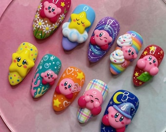 Kirby Press On Nails Handmade Custom Fake Glue On Nails 3D Kirby Star Cloud Rainbow Cupcake Plaid Pattern Pastel Pink Blue Colorful Multi