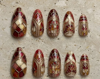Gothic Stained Glass Nails Ruby Red Press On Nails Cute 3D Church Window Nails Kawaii Gold Metallic Nails Summer Luxury Fake Nails Gift Nail