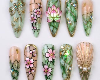 Art Nouveau Press On Nails Handmade Custom Fake Glue On Nails 3D Dragonfly Lotus Cherry Blossom Stained Glass Jade Green Pearl Pink Multi